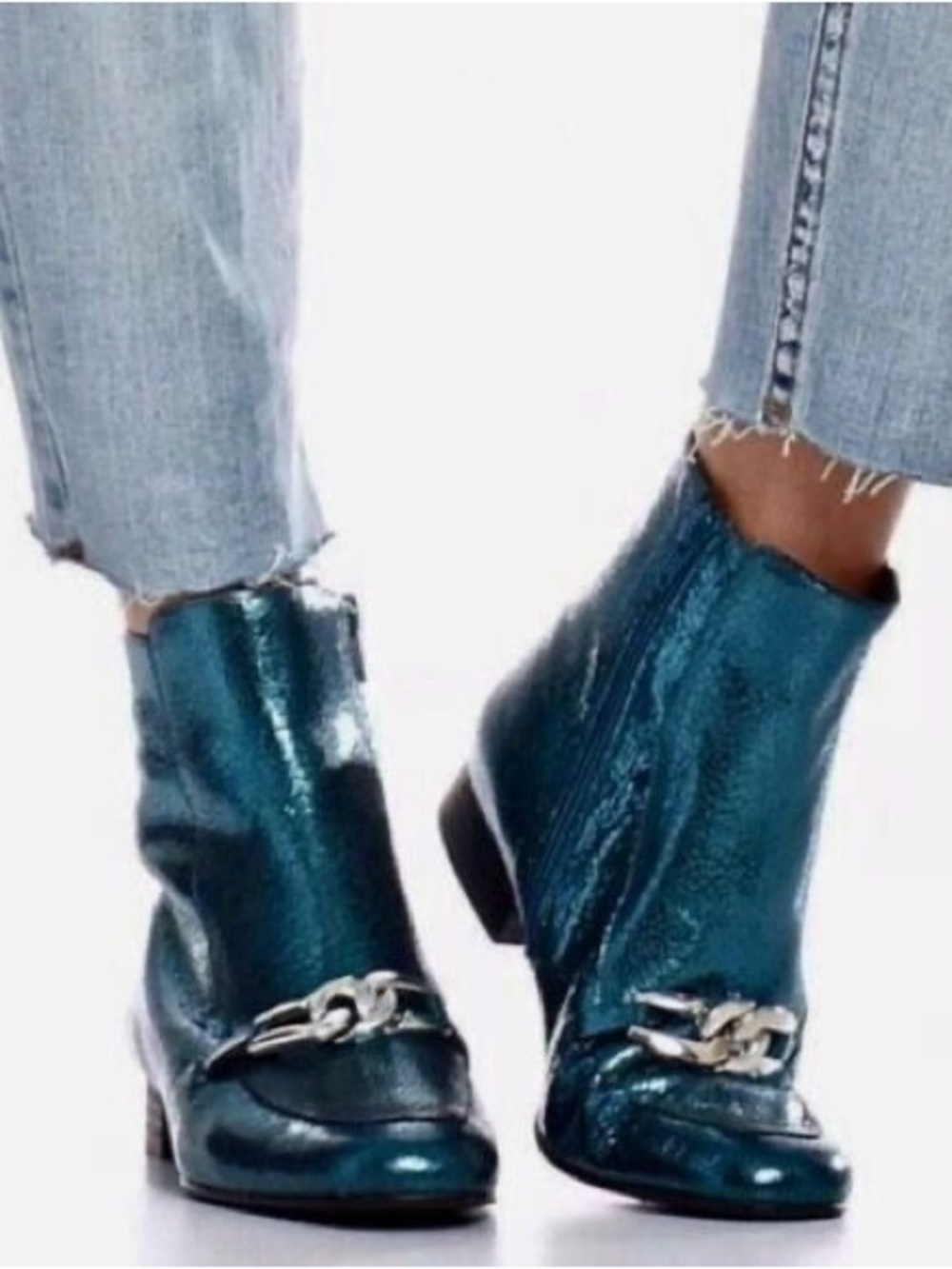 Free People Emerald Chain Boots Metallic Teal Leather Ankle Boots EU 37 US 6.5